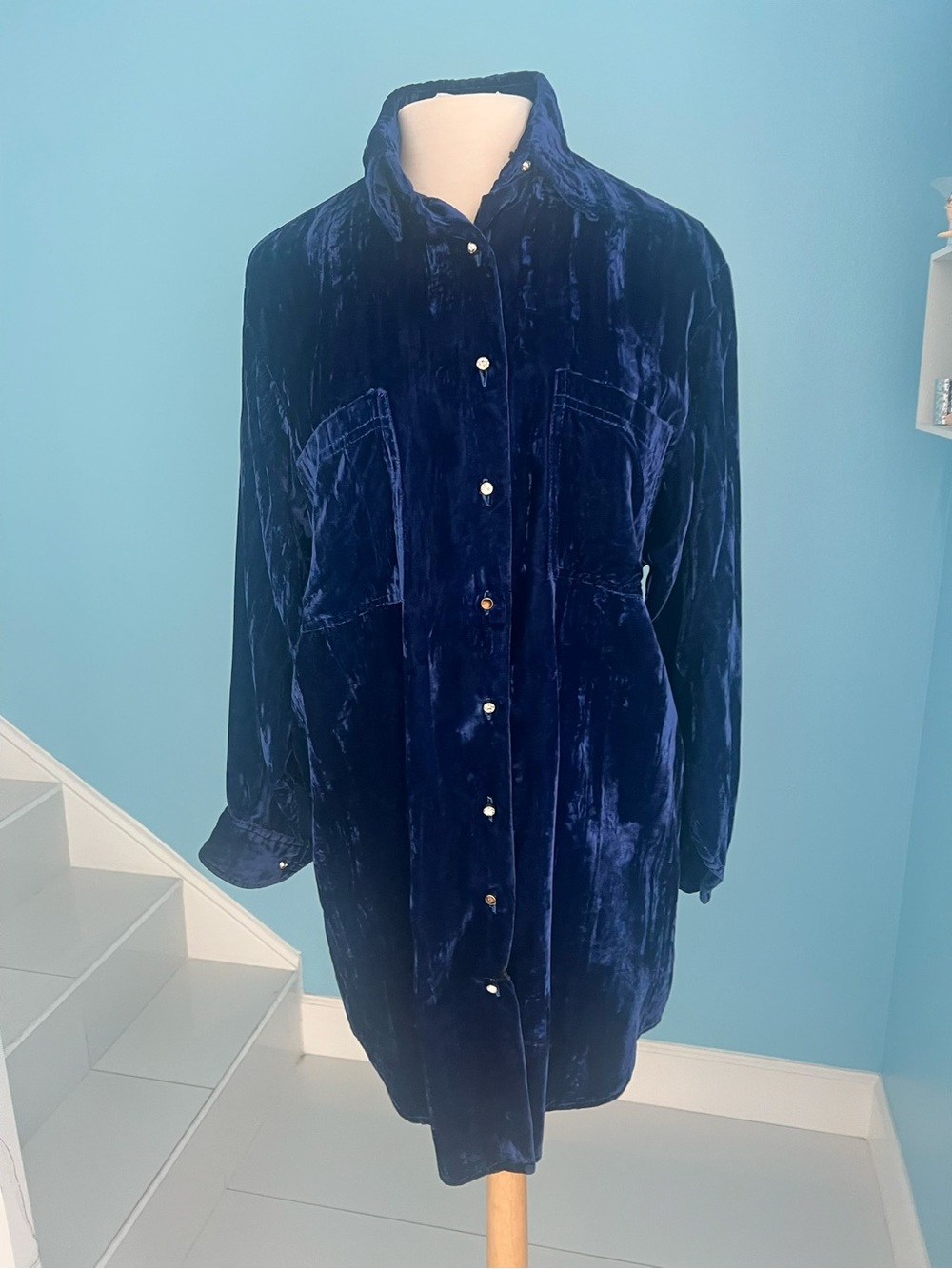 Vintage Betsy Johnson circa 1980’s Velvet Button-Up Shirt Dress in Royal Blue.